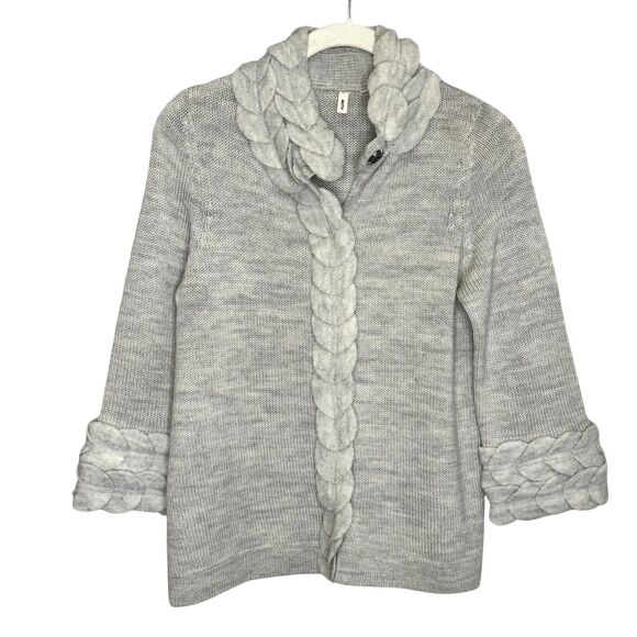 Moth Sweater Womens XS Gray Wool Shawl Collar Open Cardigan Braided Felt Trim - Picture 1 of 6